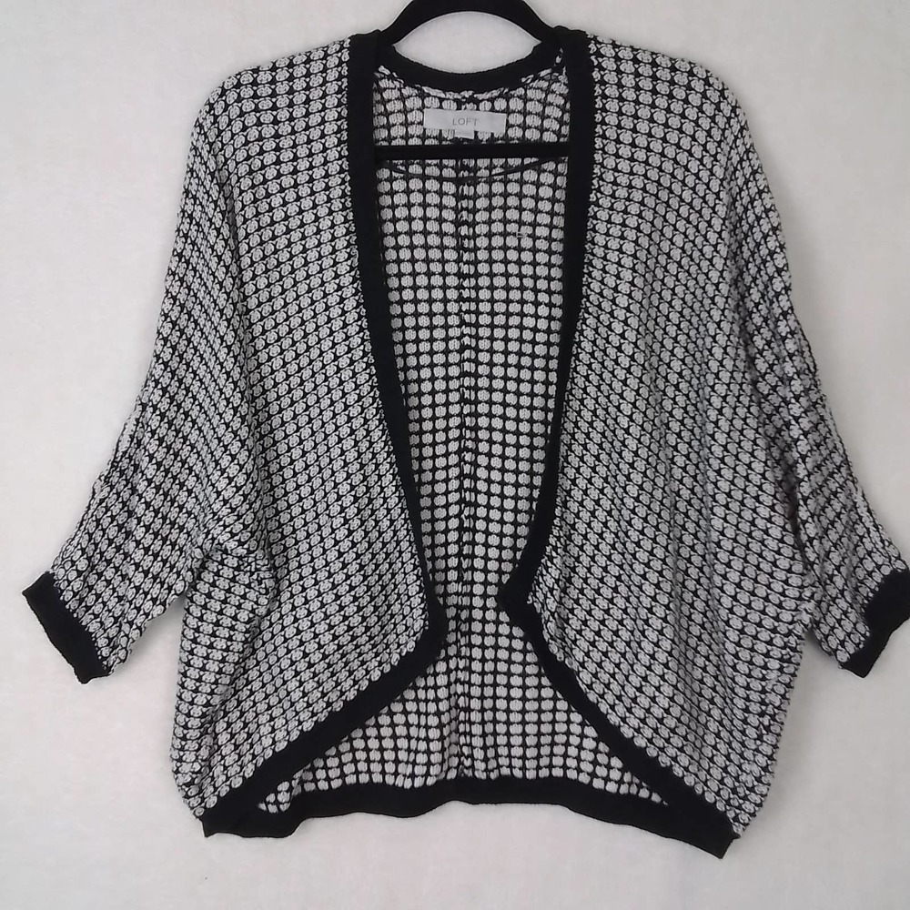 LOFT Oversized Open Front Cardigan Sweater XS Black White Cotton Modal